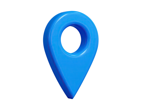 A glossy, 3D-rendered, blue location marker against a stark black background