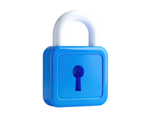 A 3D rendering shows a glossy, blue padlock with a white handle