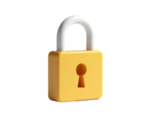 3D rendering of a golden padlock, slightly tilted, against a black background