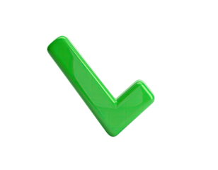 A glossy, green, three-dimensional checkmark against a black background
