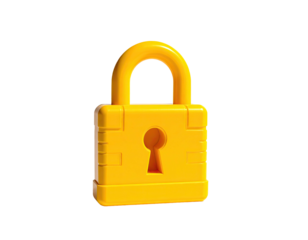 Bright yellow padlock, rendered with highlights, set against a black background