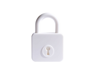A pristine white padlock, centered against a stark black background, simple design