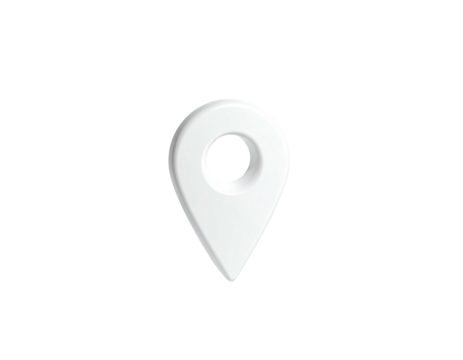 A glossy, white location marker, floating against a black background