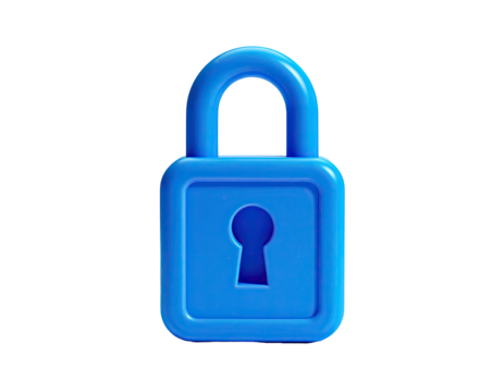 A vibrant blue, stylized padlock on a black background