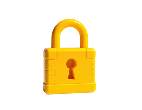 Bright yellow padlock, rendered with highlights, set against a black background