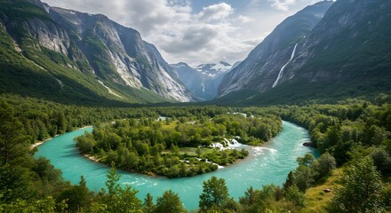Turquoise river curving through forested valley with waterfalls steep cliffs and snowcapped peaks under partly cloudy sky dramatic natural beauty
