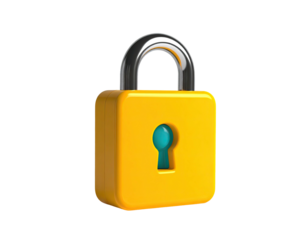 A bright yellow padlock with a silver shackle and a teal-colored keyhole
