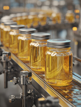 Rows of Honey Jars Moving on a Conveyor Belt Inside an Automated Food Processing Factory