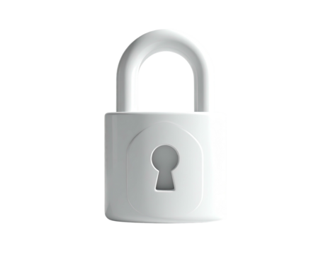3D rendered white padlock icon with curved handle, on a black background - Powered by Adobe