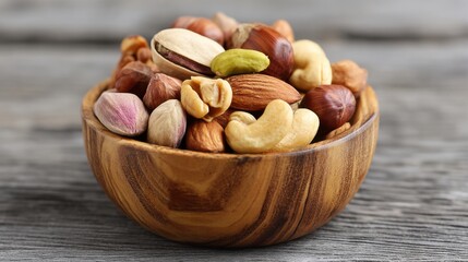 A wooden bowl filled with a variety of nuts including almonds, cashews, and pistachios sits on a weathered wooden table, highlighting their natural colors and textures.