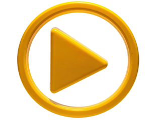 A gold-colored, glossy play button icon, surrounded by a circular frame, black bg