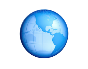 A translucent blue globe, showcasing continents, against a black background