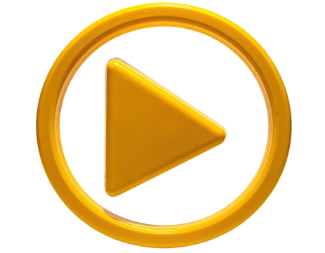 A gold-colored, glossy play button icon, surrounded by a circular frame, black bg