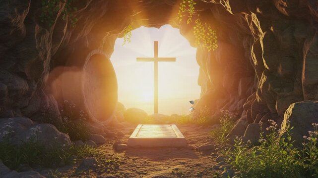 Happy Ascension of Jesus Christ with cross in the cave