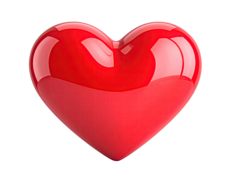 A glossy, vibrant red heart floats against a black background