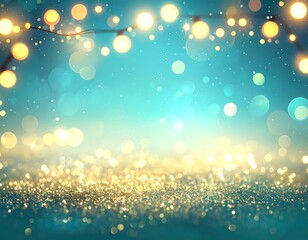 Teal and gold glitter background with warm lights