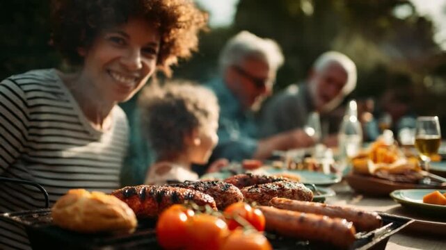 Summer BBQ: A heartwarming summer gathering of friends and family, enjoying a flavorful barbecue feast, embodies a day filled with laughter, togetherness.