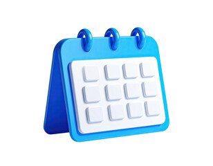 3D rendered, cartoon-style calendar, light blue with white squares, on a black background