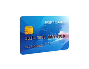 A blue credit card with gold chip and visible numbers on a black background