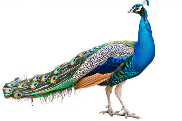 Obraz premium Indian Peacock (Pavo cristatus) Isolated on a White Background with Copy Text Space. Majestic Bird Element for Wildlife Posters, Cultural Artworks, and Nature-Themed Designs