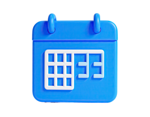 3D rendered, bright blue calendar icon with a highlighted date on a dark background
