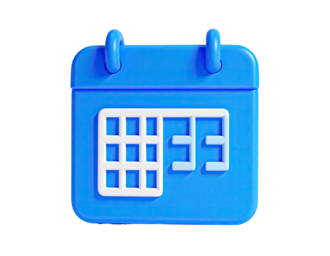 3D rendered, bright blue calendar icon with a highlighted date on a dark background
