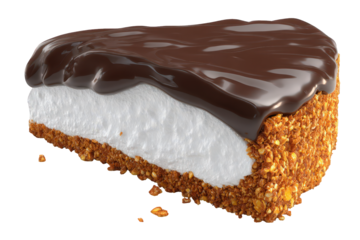 Piece of Layered Dessert with Chocolate Glaze on Transparent Background close up view