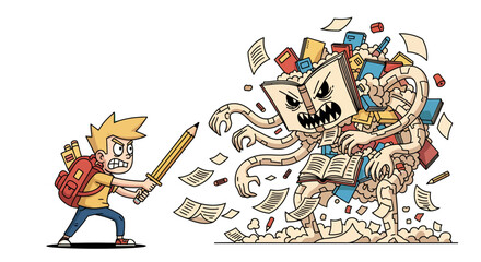 Fototapeta premium Fighting the monster of school A student with a pencil sword faces a book-covered foe