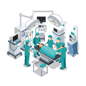 Isometric Illustration of Surgery Team in Operating Room