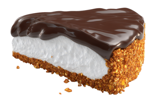 Piece of Layered Dessert with Chocolate Glaze on Transparent Background close up view