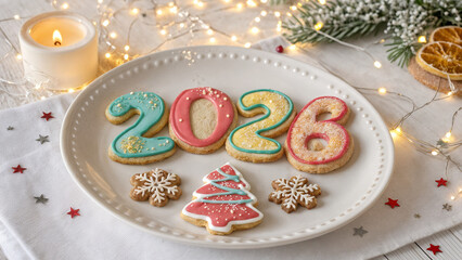 a white plate with Christmas cookies shaped like the number 2026 and other festive shapes, all decorated with colorful icing and sprinkles. The plate is placed on a table with a lighted candle, string