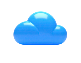 Glossy, 3D blue cloud icon, floating against a stark black background