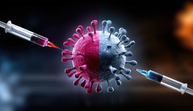vaccine virus development concept. Vaccine syringes targeting a virus, symbolizing health and medical breakthroughs. - Powered by Adobe