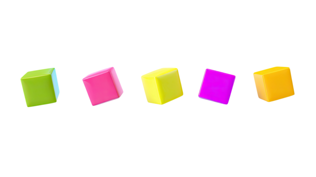 Five vibrant, pixelated cubes in a row of varying colors - Powered by Adobe