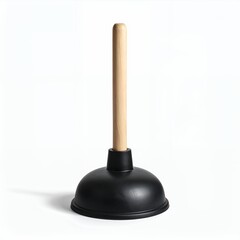 Plunger with wooden handle on white background representing plumbing solutions