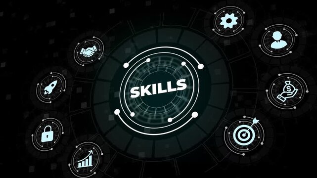 Soft skills, HR Skill development and training concept, Businessman with icons of soft skills in hand, AI training, Emotional intelligence, Human development resources, Business performance