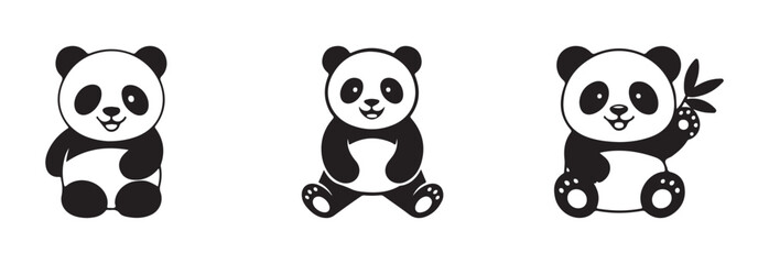 panda bear icon set, panda silhouette logo sticker, cartoon panda icon, mascot design, minimal character art, vector illustration EPS 10.