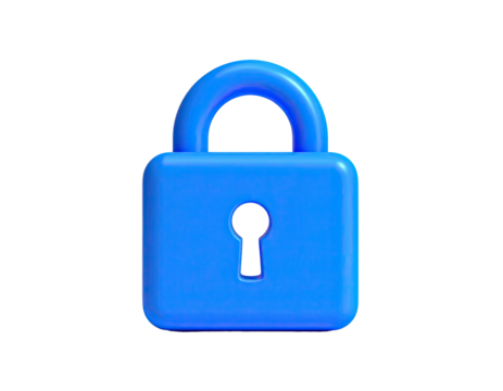 A bright blue, 3D-rendered padlock with a keyhole, isolated on black
