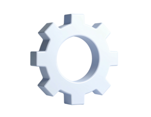 3D rendered, white gear icon floats against a black, transparent background