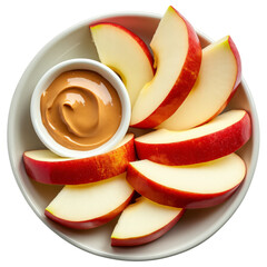 Sliced red apples arranged beautifully with creamy peanut butter bowl, perfect for healthy snack