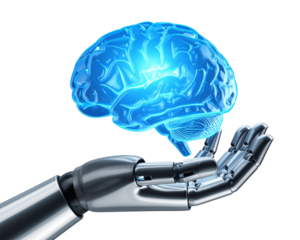 A metallic robotic hand with sleek futuristic design delicately holds a translucent,