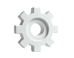 Isolated white 3D gear symbol, smooth finish, with an inner circular hole