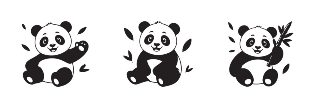 panda bear icon set, panda silhouette logo sticker, cartoon panda icon, mascot design, minimal character art, vector illustration EPS 10.