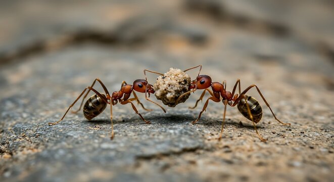 Two ants carrying stone teamwork cooperation macro shot illustration