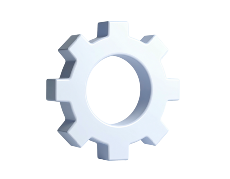 3D rendered, white gear icon floats against a black, transparent background