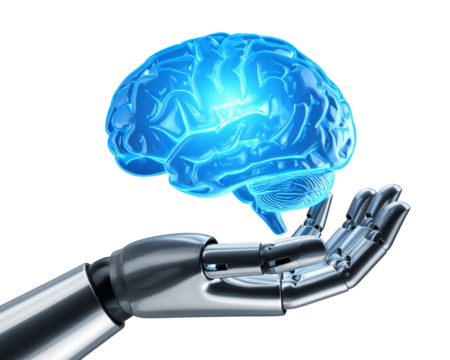 A metallic robotic hand with sleek futuristic design delicately holds a translucent,