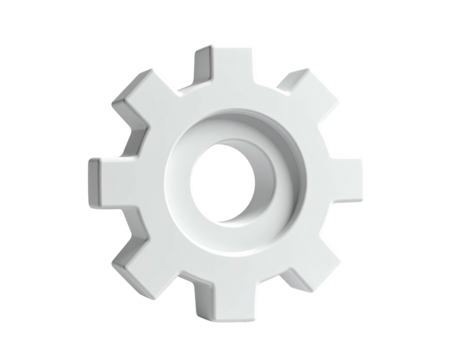 Isolated white 3D gear symbol, smooth finish, with an inner circular hole