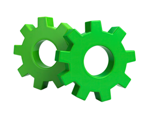 Two interlocking green gears with a three-dimensional look against a black backdrop