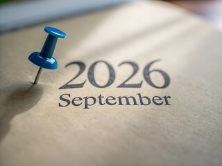 Blue pin marking september 2026 on a calendar, close up shot