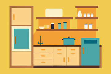 Cozy kitchen interior with cabinets refrigerator shelves and cooking pot illustration